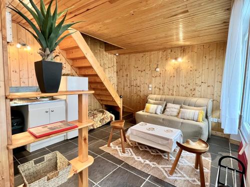 un salon avec un canapé et une table dans l'établissement Charmant gite esprit chalet, à Saint-Nazaire-le-Désert