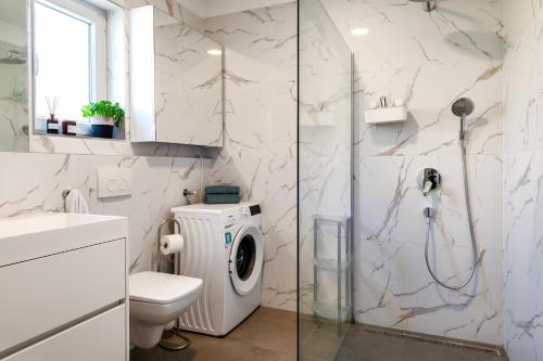 a bathroom with a washing machine in a shower at Pool apartman Maja in Šibenik