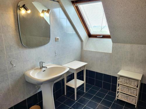une salle de bain avec un lavabo et un miroir dans l'établissement Villa bord de mer La Mielle, à Créances