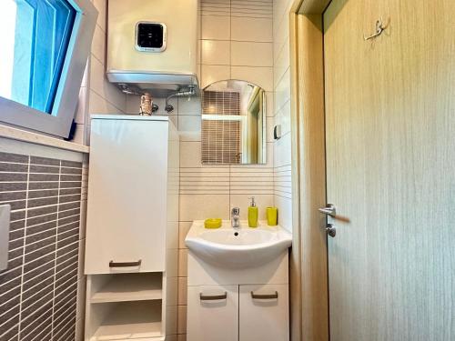 a small bathroom with a sink and a mirror at Vila Jadranka Apartments in Herceg-Novi