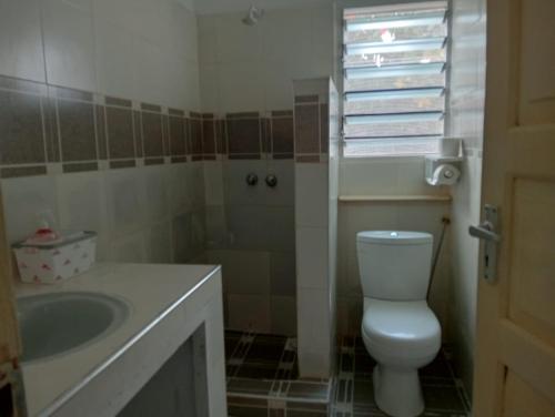 a bathroom with a toilet and a sink at Nyumba Tulivu in Watamu