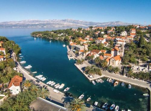 an aerial view of a harbor with boats in the water at Holiday Home Aurora in Splitska