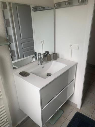 une salle de bain avec un lavabo blanc et un miroir dans l'établissement Villa T3 5p de 85m² avec jardin à CALVI, à Calvi