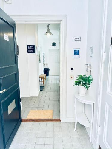 a hallway with a door and a table and a plant at Wisby Residence in Visby