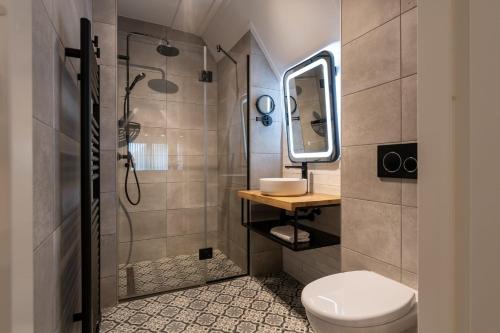 ein Badezimmer mit Toilette, Waschbecken und Spiegel in der Unterkunft Hello Zeeland - Appartement Duno Lodge M in Oostkapelle