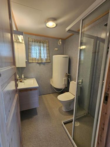 a small bathroom with a toilet and a sink at Øen Hytter 1 in Sørbø