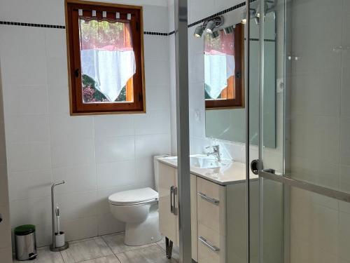 une salle de bain avec toilettes, lavabo et douche dans l'établissement Appartement Spacieux - Terrasse, Jardin et Cheminée - À 5 Min du Centre des Gets - FR-1-623-100, aux Gets