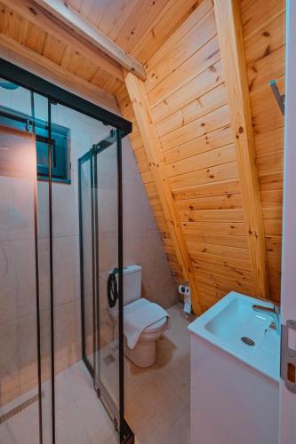a bathroom with a toilet and a glass shower at Ala World Resort in Kartepe