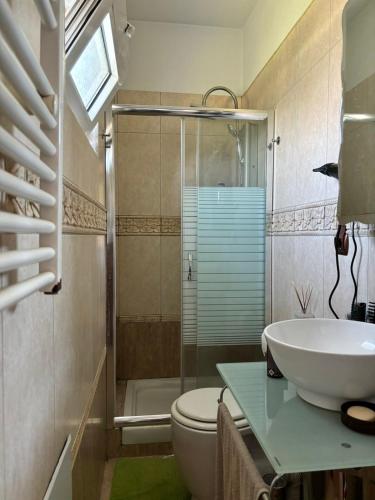 a bathroom with a sink and a toilet and a shower at Bella Vista in Dhíkella