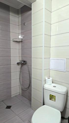 a bathroom with a toilet and a shower at Grand Apartment Pomorie in Pomorie