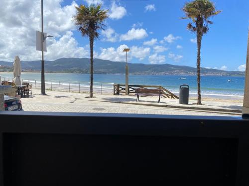 a view of a beach with palm trees and a bench at Panxón Primera Linea Mar in Nigrán