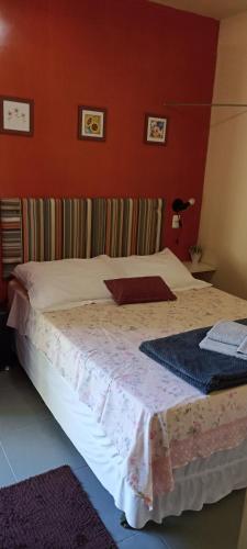 a bedroom with a large bed with a red wall at Pousada Canto dos Passaros in Chapada dos Guimarães