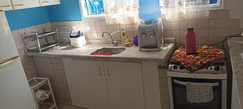 a small kitchen with a sink and a stove at Pousada Canto dos Passaros in Chapada dos Guimarães