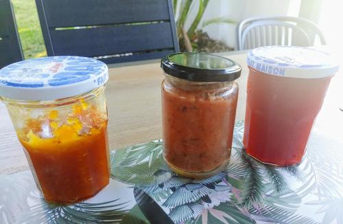 two jars of sauce sitting on top of a table at Eskal Péi - Auberge de Jeunesse & Chambres d'hôtes in Étang-Salé