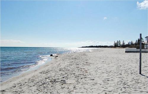 a beach with a dog laying on the sand at Holiday Home Solbakken Odder Vi in Odder