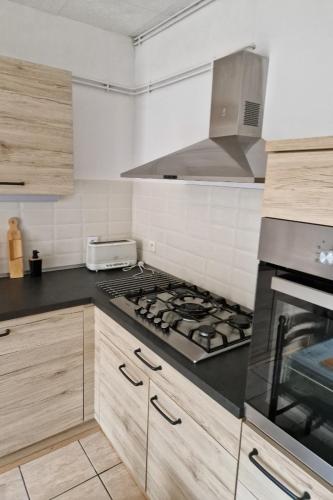 - une cuisine équipée d'une cuisinière four supérieur dans l'établissement Gite du Presbytère entre la Vôge les Bains et Vittel, à Gruey-lès-Surance