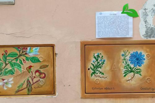 two paintings of flowers and plants on a wall at Amazing Gargano in Ischitella