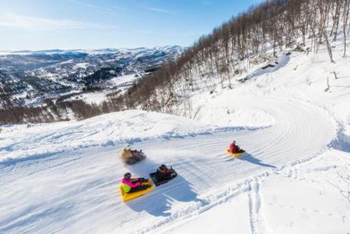 a group of people riding down a snow covered slope at Skarslia Apartment in Skarsgård