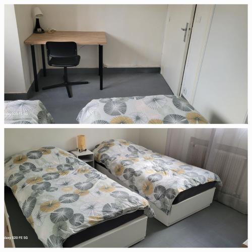 - deux photos d'une chambre avec deux lits et un bureau dans l'établissement sam34, à Montpellier