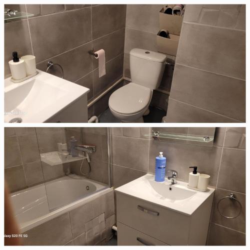 une salle de bain avec toilettes, lavabo et baignoire dans l'établissement sam34, à Montpellier