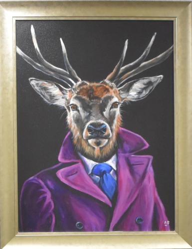 a painting of a deer wearing a purple jacket at The Aberdeen Dyce Hotel in Dyce