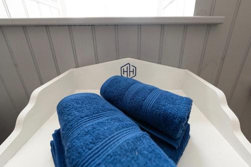 two blue towels in a white bath tub at Hamilton House Holiday Apartment in Killyleagh