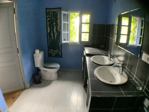 a blue bathroom with two sinks and a toilet at Mas Valentine in Roquemaure