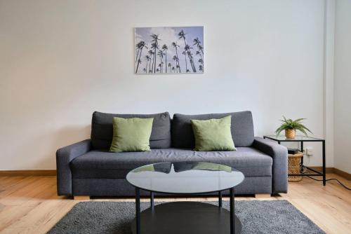 een woonkamer met een blauwe bank en een tafel bij Apartment in Old Lille in Lille