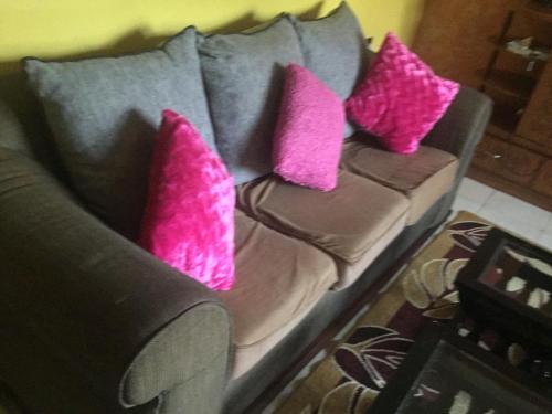 a couch with two pink pillows on it at Nam Garden in Kisumu