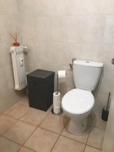 une salle de bain avec des toilettes blanches et une poubelle dans l'établissement Studio Hernani, à Roquebrune-Cap-Martin
