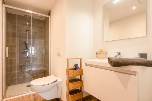 une salle de bain avec toilettes, douche et lavabo dans l'établissement L'alcôve du Lisey, à Cauterets