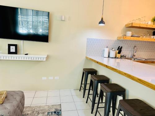 モンテゴ・ベイにあるFalcon Oceanview 2br Condo-Airport Transportation Available-24-7Securityのキッチン(カウンターのスツール付きバー付)