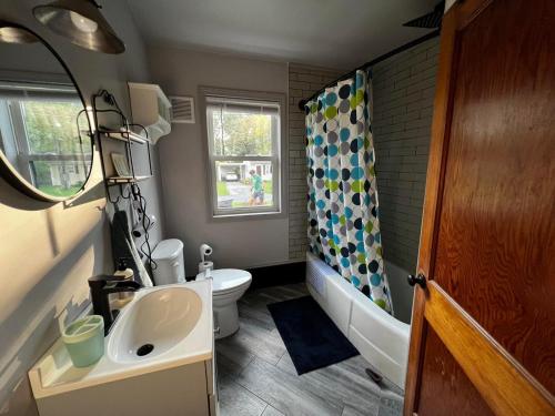 a bathroom with a sink and a toilet and a tub at Air Vermont Apartment in South Burlington