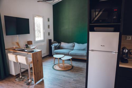 - un salon avec un réfrigérateur et un canapé dans l'établissement Duplex de lumière vue sur la mer, à La Seyne-sur-Mer