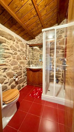 a stone bathroom with a shower and a toilet at Casa Rural en Pontevedra in Sacos