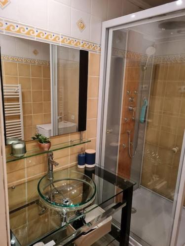 La salle de bains est pourvue d'un lavabo en verre et d'une douche. dans l'établissement LES CRISTELLES, à Beauvoir-sur-Mer