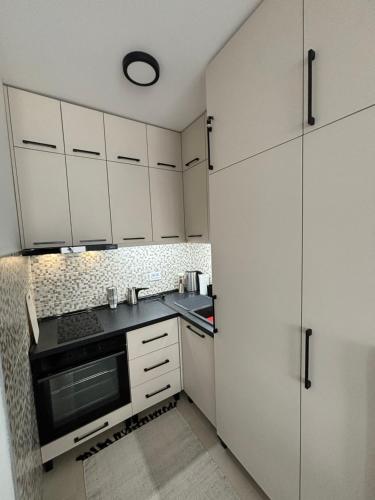 a kitchen with white cabinets and a black stove top oven at Elephant Apartments in Banja Koviljača