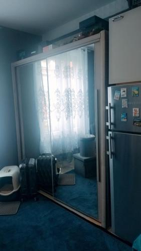 Cette chambre dispose d'une porte coulissante en verre avec un miroir. dans l'établissement Appartement, à Aubervilliers