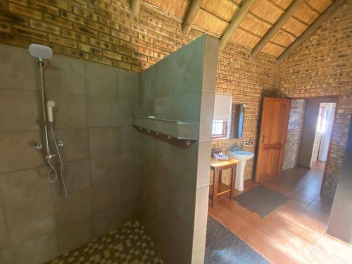 a bathroom with a shower and a sink at Soetgeluk Farm Cottage in Hekpoort