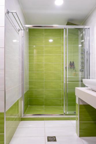 a green shower with a glass door in a bathroom at Vliho Bay Suites & Apartments in Yénion