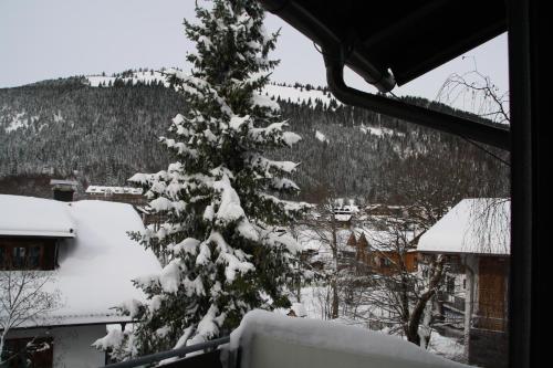 a christmas tree is covered in snow at Ferienwohnung Bachmann in Oberjoch