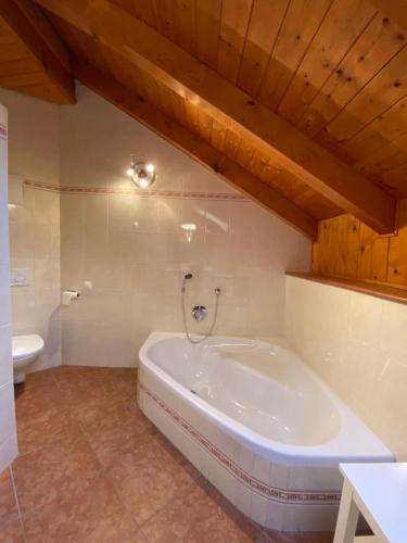 a large white tub in a bathroom with a toilet at Ferienwohnung Attwengerhof in Traunkirchen