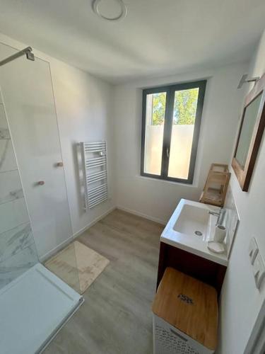 une salle de bain avec un lavabo et une douche dans l'établissement Maison de ville proche baie de Somme, à Abbeville
