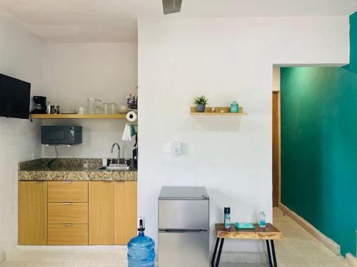 a kitchen with a refrigerator and a table in it at Estudio en García Gineres in Mérida