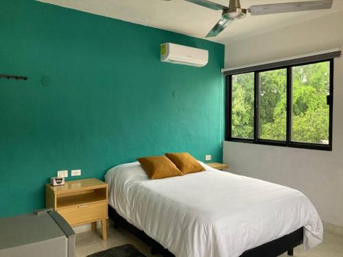 a bedroom with a bed and a green wall at Estudio en García Gineres in Mérida