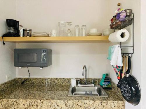 a kitchen counter with a sink and a microwave at Estudio en García Gineres in Mérida