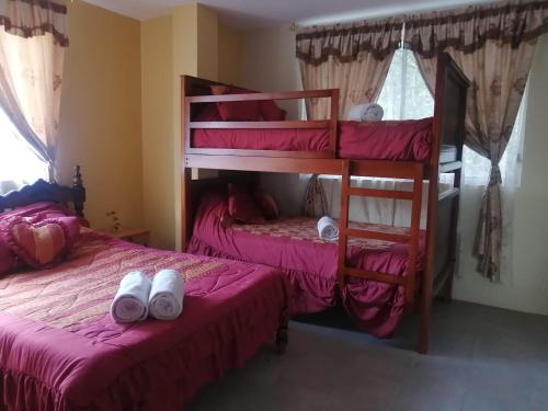 two bunk beds in a room with pink sheets at Green Haven Ecolodge Lligua in Baños