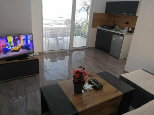a living room with a coffee table and a tv at Apartment DULE Trpejca in Ohrid
