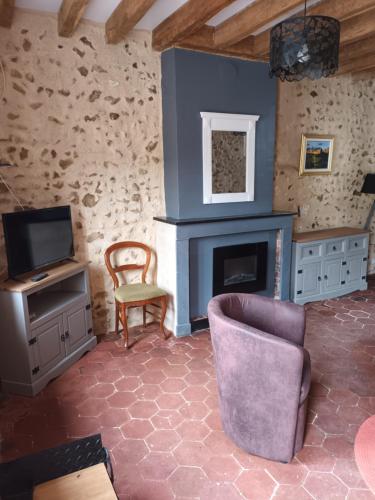 a living room with a fireplace and a tv at Le BENEZE entre Beauce et Perche in Saint-Hilaire-sur-Yerre