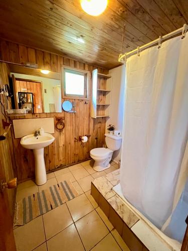 Un baño con inodoro, ducha y lavabo. en Cabañas DeMAICO, en Quintero